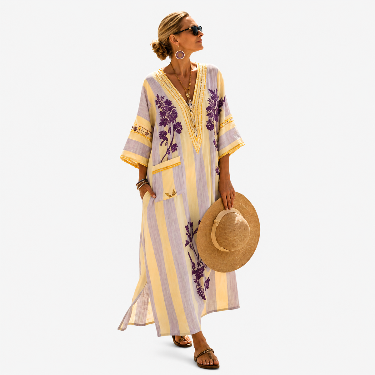 Damiana — Butter and Lilac Floral-Stripe V-Neck Caftan