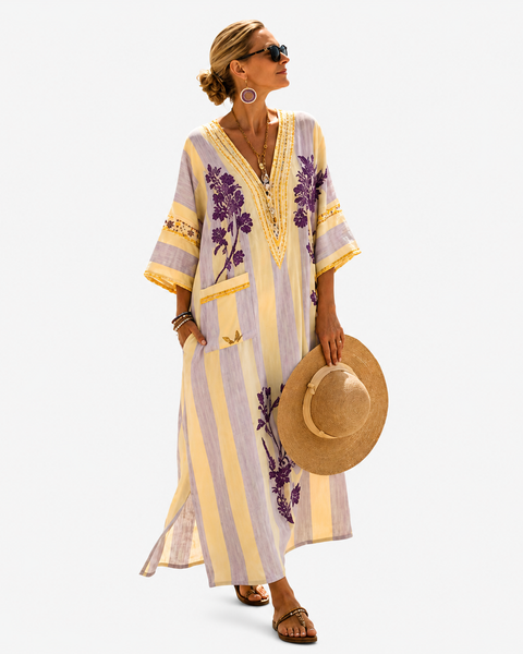 Damiana — Butter and Lilac Floral-Stripe V-Neck Caftan