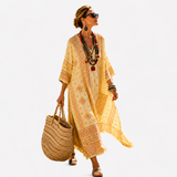 Calypso — Golden Ornamental-Print V-Neck Caftan
