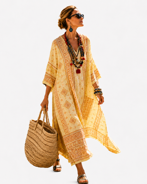 Calypso — Golden Ornamental-Print V-Neck Caftan