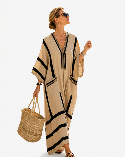 Anemone — Sand and Black Striped-Trim V-Neck Caftan