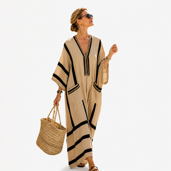 Anemone — Sand and Black Striped-Trim V-Neck Caftan