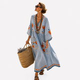 Almira — Chambray-Blue Embroidered V-Neck Caftan