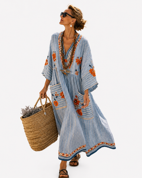 Almira — Chambray-Blue Embroidered V-Neck Caftan