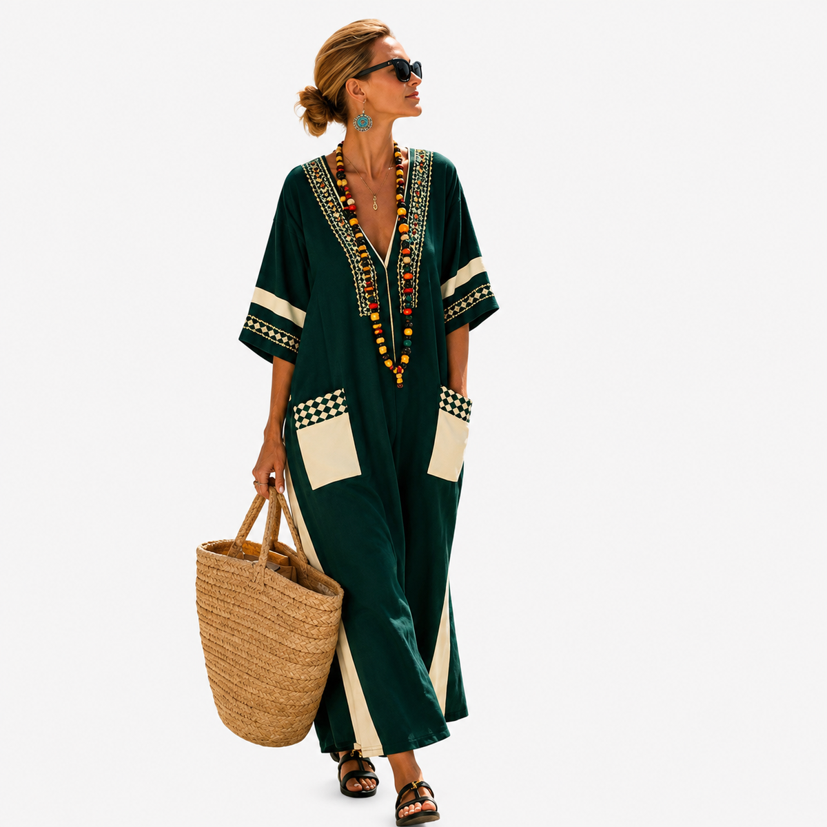 Hesperia — Deep Green Gold-Panel V-Neck Caftan