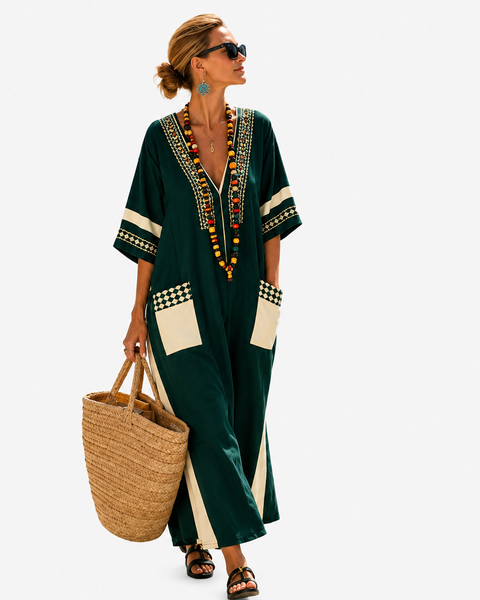 Hesperia — Deep Green Gold-Panel V-Neck Caftan