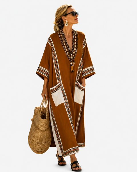Cyrene — Rust Patch-Pocket V-Neck Caftan