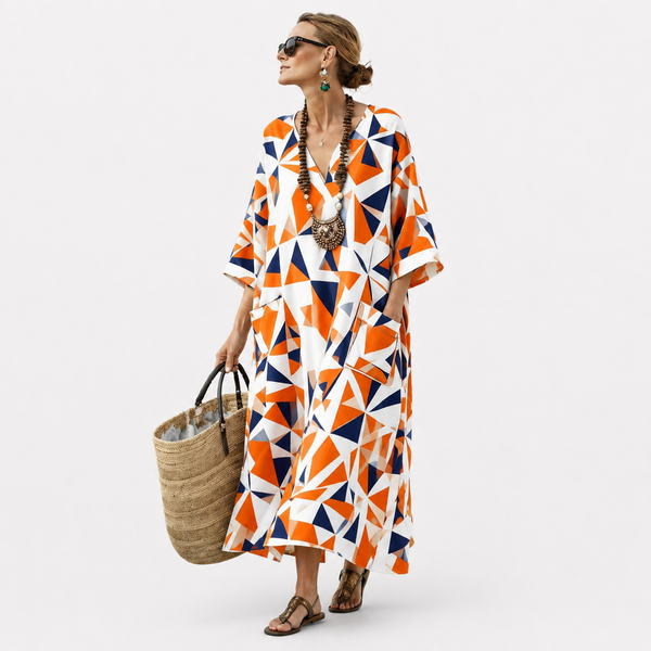 Euphemia — Orange and Navy Geometric V-Neck Caftan
