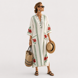 Cassiopeia — White Embroidered Vine-and-Rose V-Neck Caftan