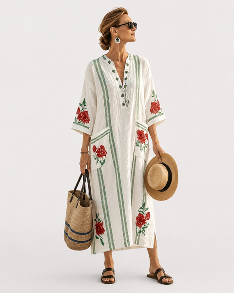 Cassiopeia — White Embroidered Vine-and-Rose V-Neck Caftan