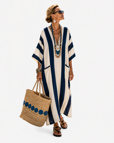 Galatea — Navy and Cream Striped V-Neck Caftan