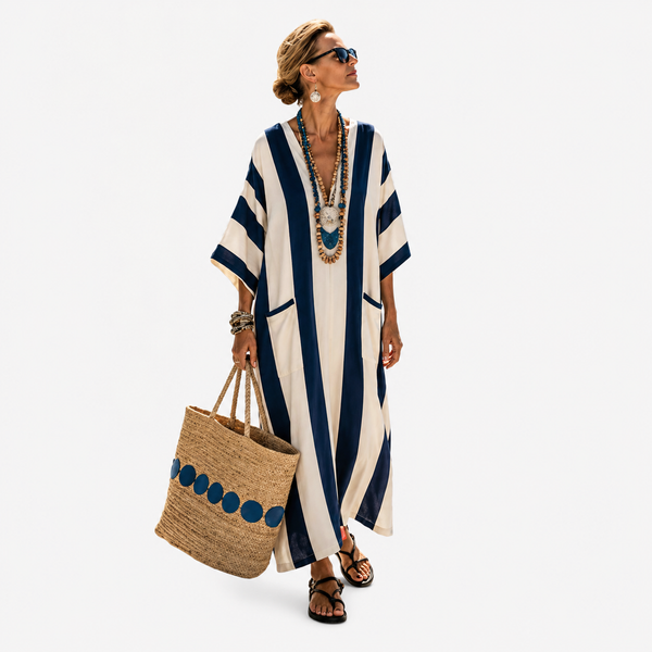 Galatea — Navy and Cream Striped V-Neck Caftan