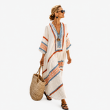Alessandra — Ivory Embroidered-Placket V-Neck Caftan