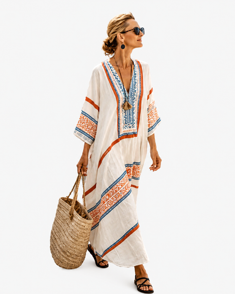 Alessandra — Ivory Embroidered-Placket V-Neck Caftan