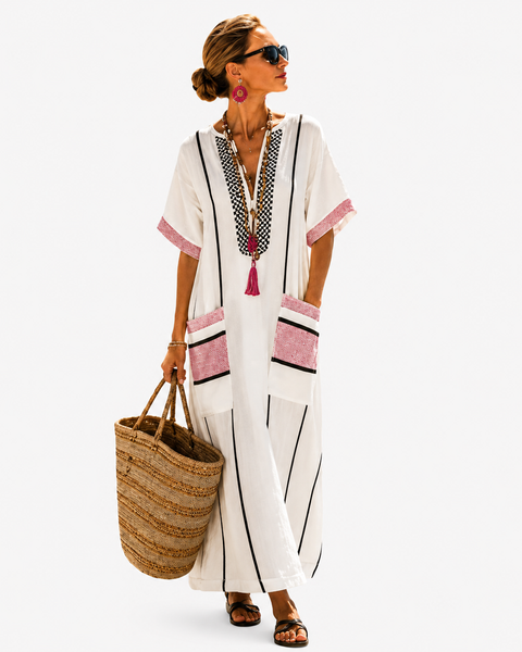 Azura — White Embroidered Tassel-Tie V-Neck Caftan