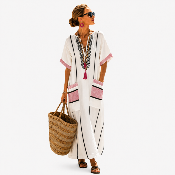 Azura — White Embroidered Tassel-Tie V-Neck Caftan