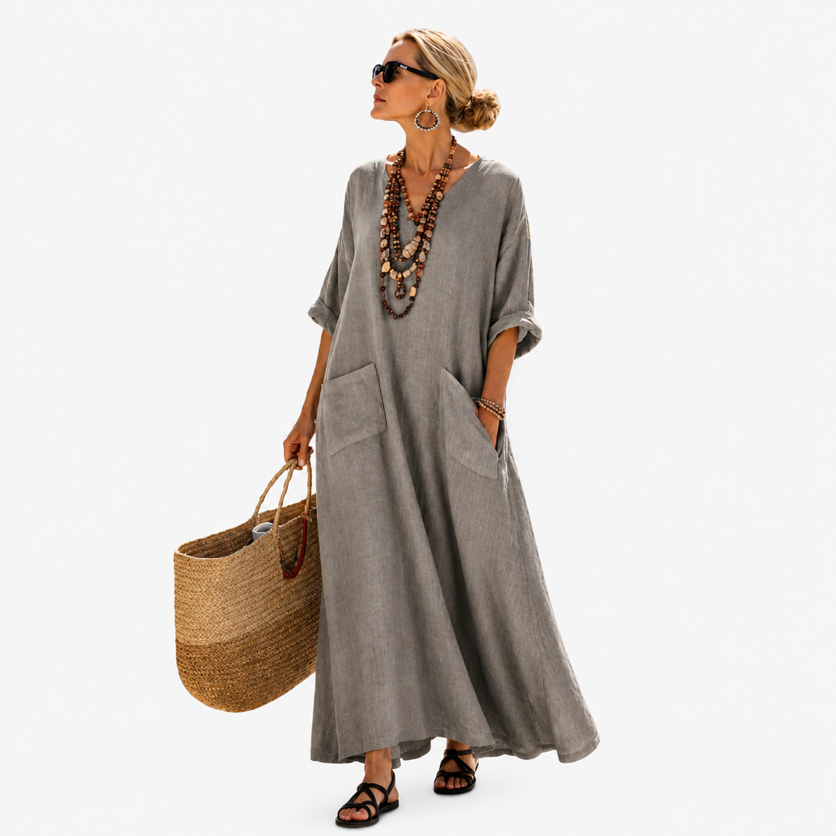 Arabelle — Charcoal Relaxed V-Neck Caftan