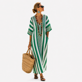 Adamina — Green and White Striped V-Neck Caftan