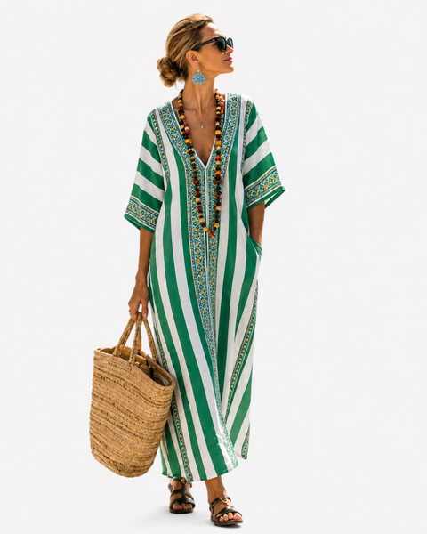 Adamina — Green and White Striped V-Neck Caftan