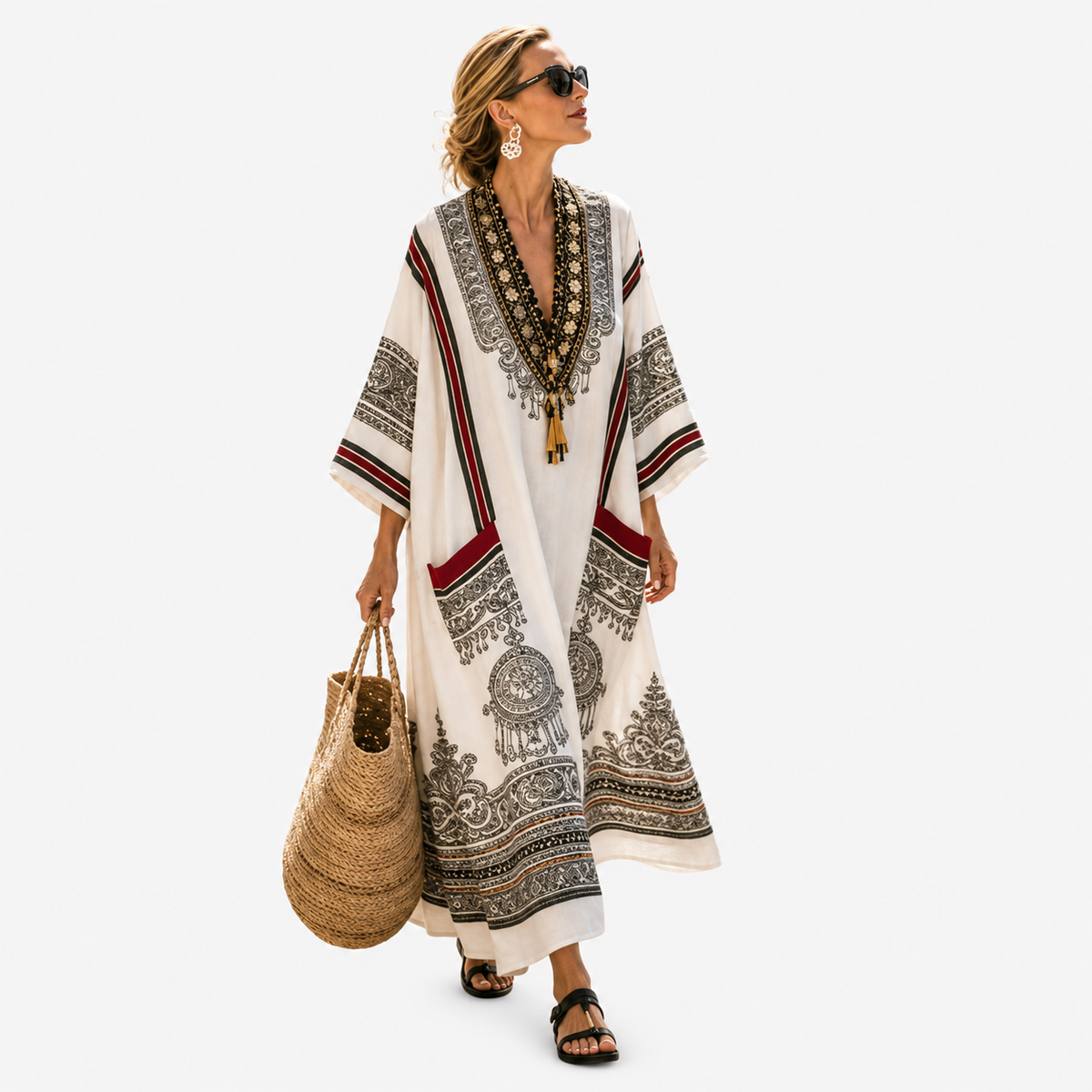 Carissima — White Medallion-Print V-Neck Caftan