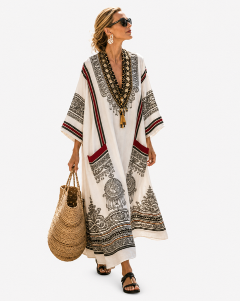 Carissima — White Medallion-Print V-Neck Caftan