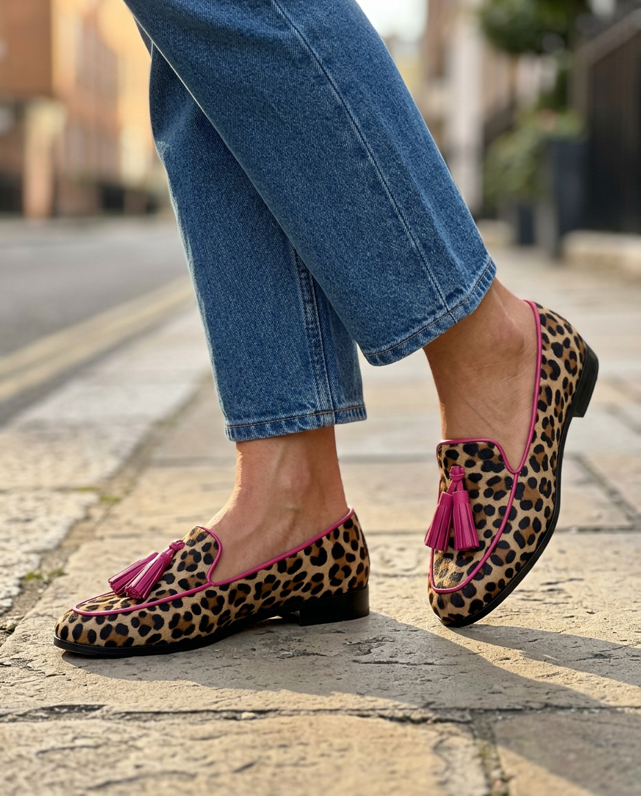 Enrica — Leopard-Print Moccasins with Fuchsia Trim and Tassels