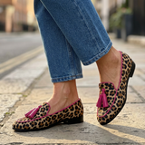 Enrica — Leopard-Print Moccasins with Fuchsia Trim and Tassels