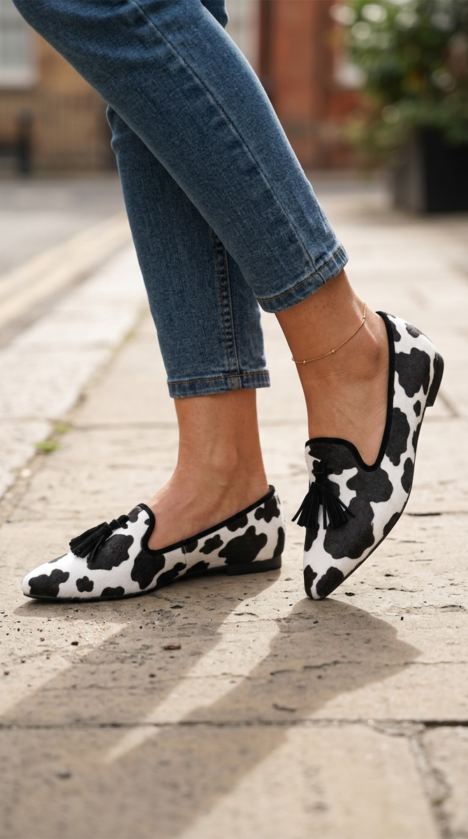 Isotta — Cow-Print Pointed Moccasins with Black Tassels