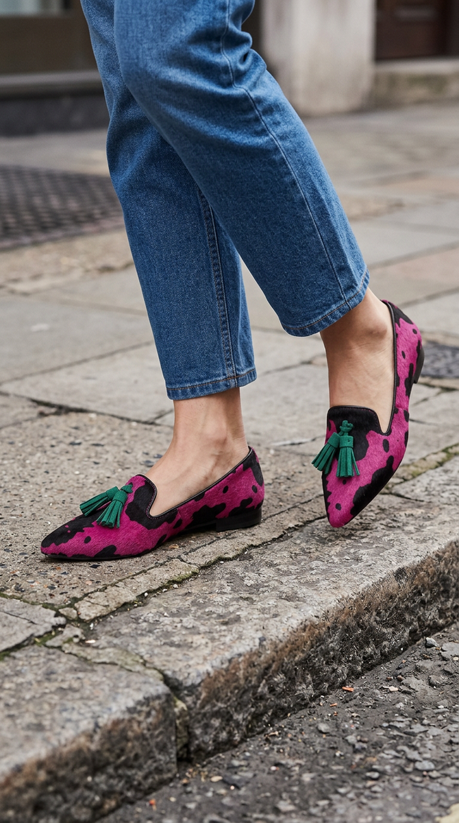 Elettra — Fuchsia Cow-Print Moccasins with Green Tassels