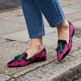 Elettra — Fuchsia Cow-Print Moccasins with Green Tassels