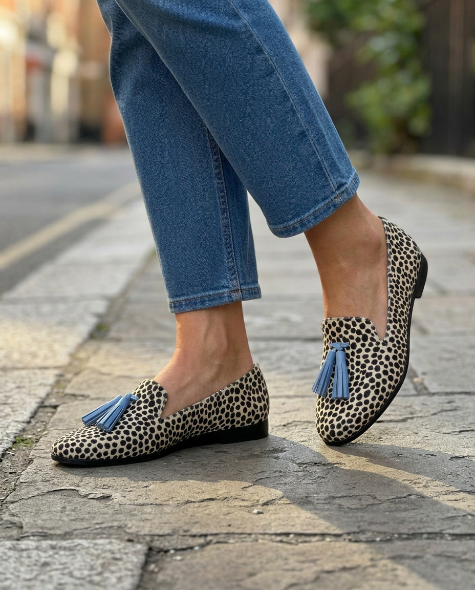 Eda — Spotted-Print Moccasins with Blue Tassels