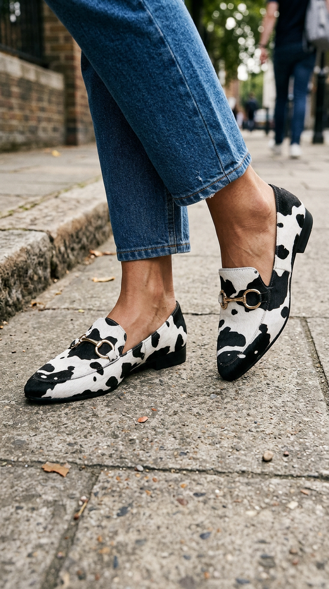 Emilia — Cow-Print Horsebit Loafers