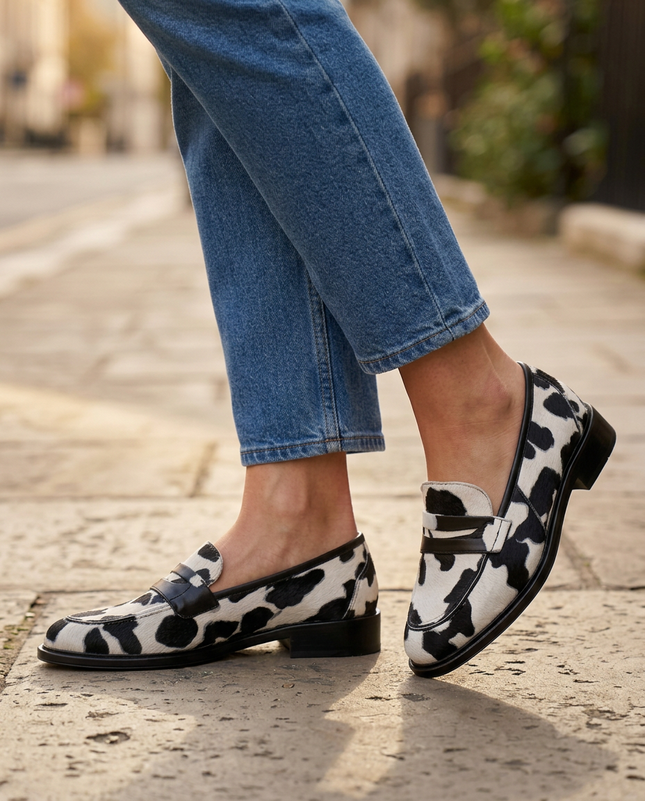 Giorgia — Cow-Print Penny Loafers