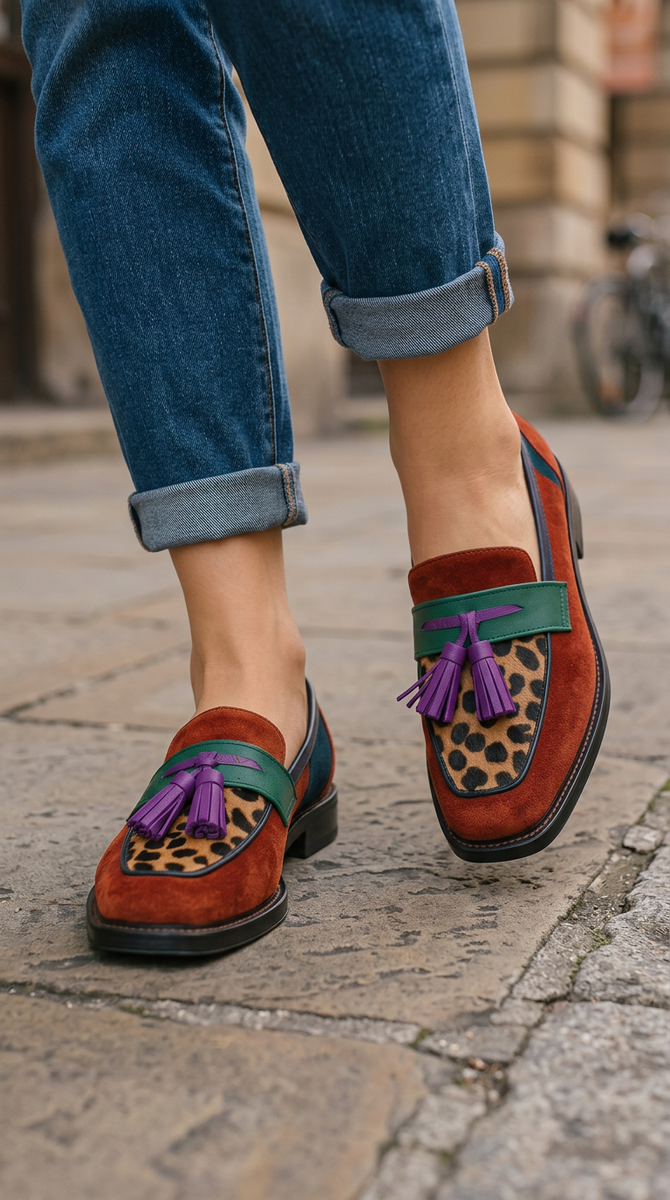 Annalisa — Colour-Block Leopard Loafers with Purple Tassel