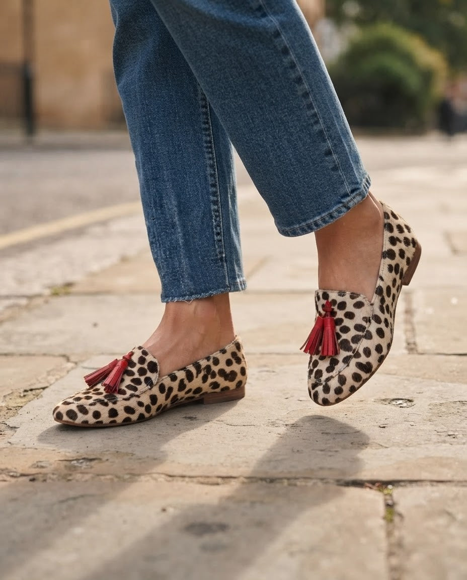 Altea — Spotted-Print Pointed Moccasins with Red Tassels