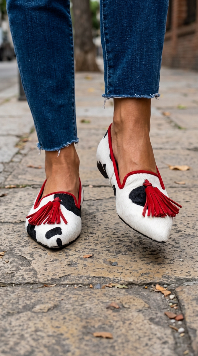 Ivana — Cow-Print Pointed Moccasins with Red Tassels