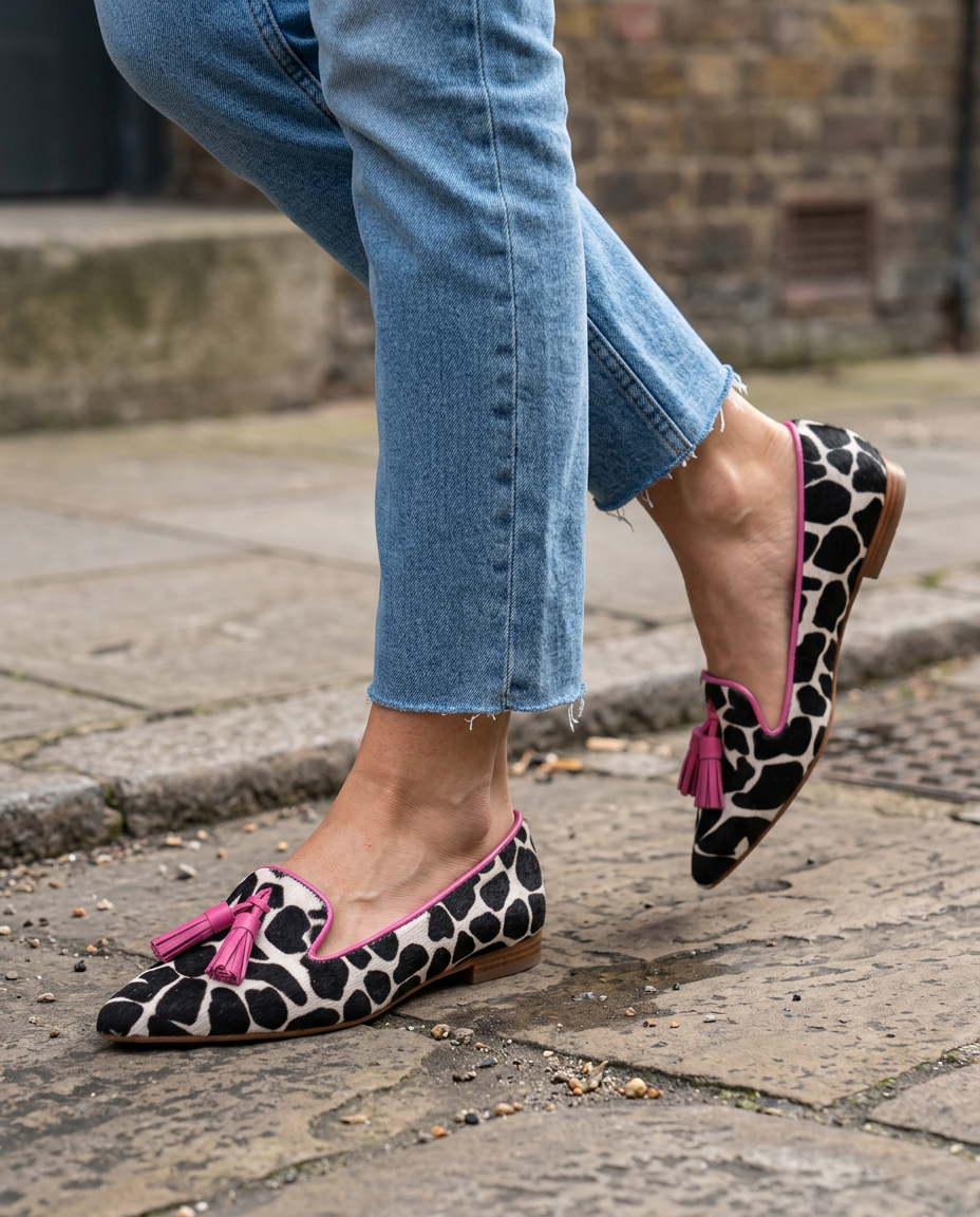 Livia — Spotted-Print Pointed Moccasins with Pink Tassels