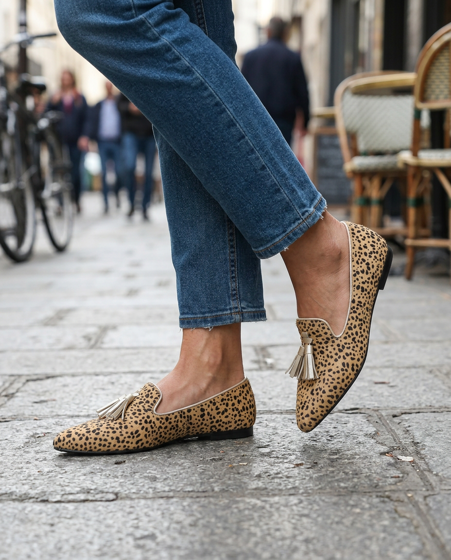 Alda — Cheetah-Print Pointed Moccasins with Gold Tassels