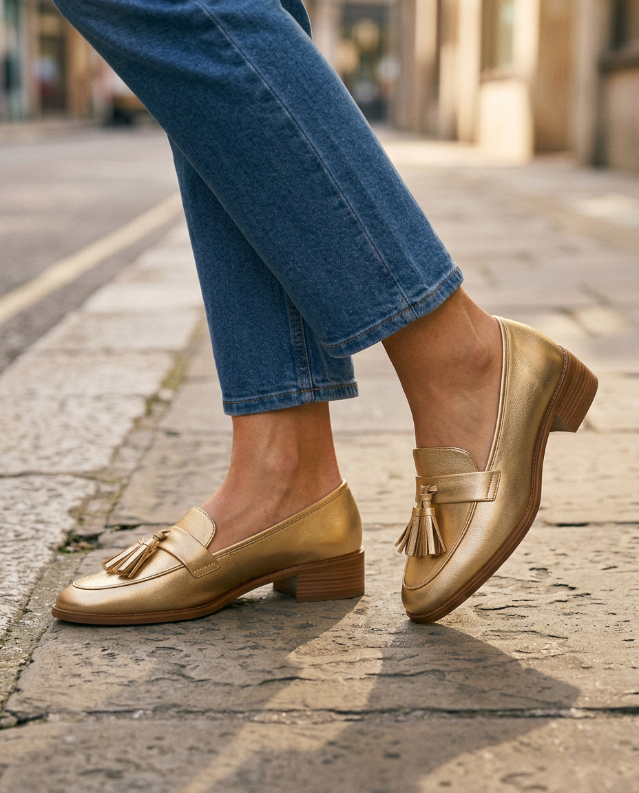 Iolanda — Gold Tassel Loafers with Block Heel