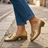 Iolanda — Gold Tassel Loafers with Block Heel