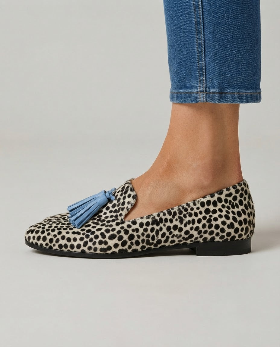 Eda — Spotted-Print Moccasins with Blue Tassels