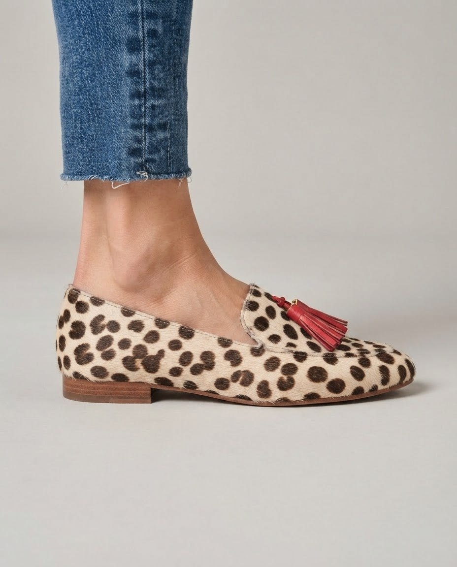 Altea — Spotted-Print Pointed Moccasins with Red Tassels