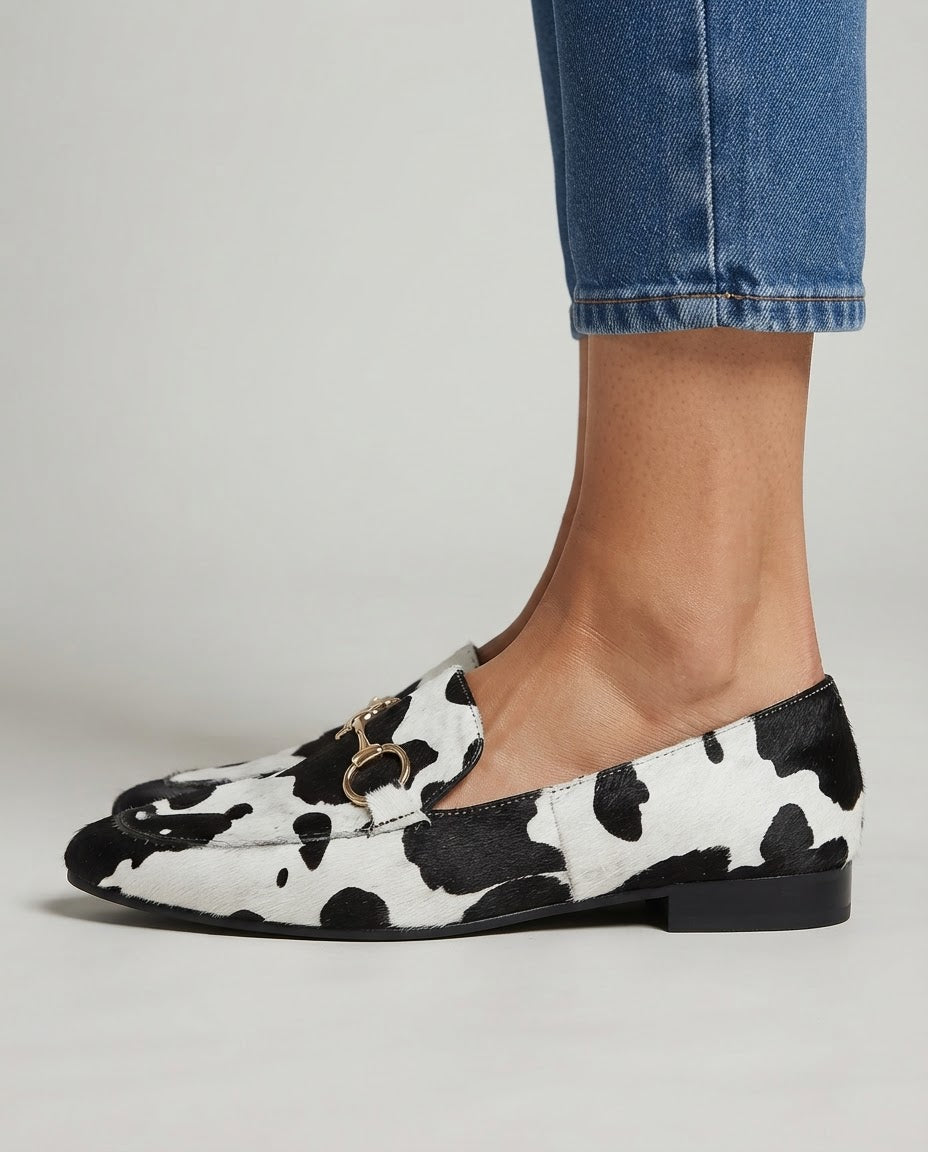 Emilia — Cow-Print Horsebit Loafers