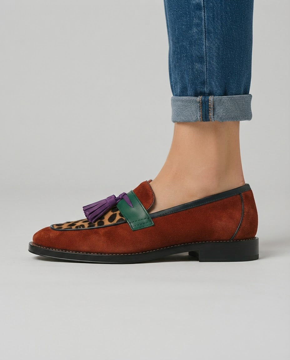 Annalisa — Colour-Block Leopard Loafers with Purple Tassel
