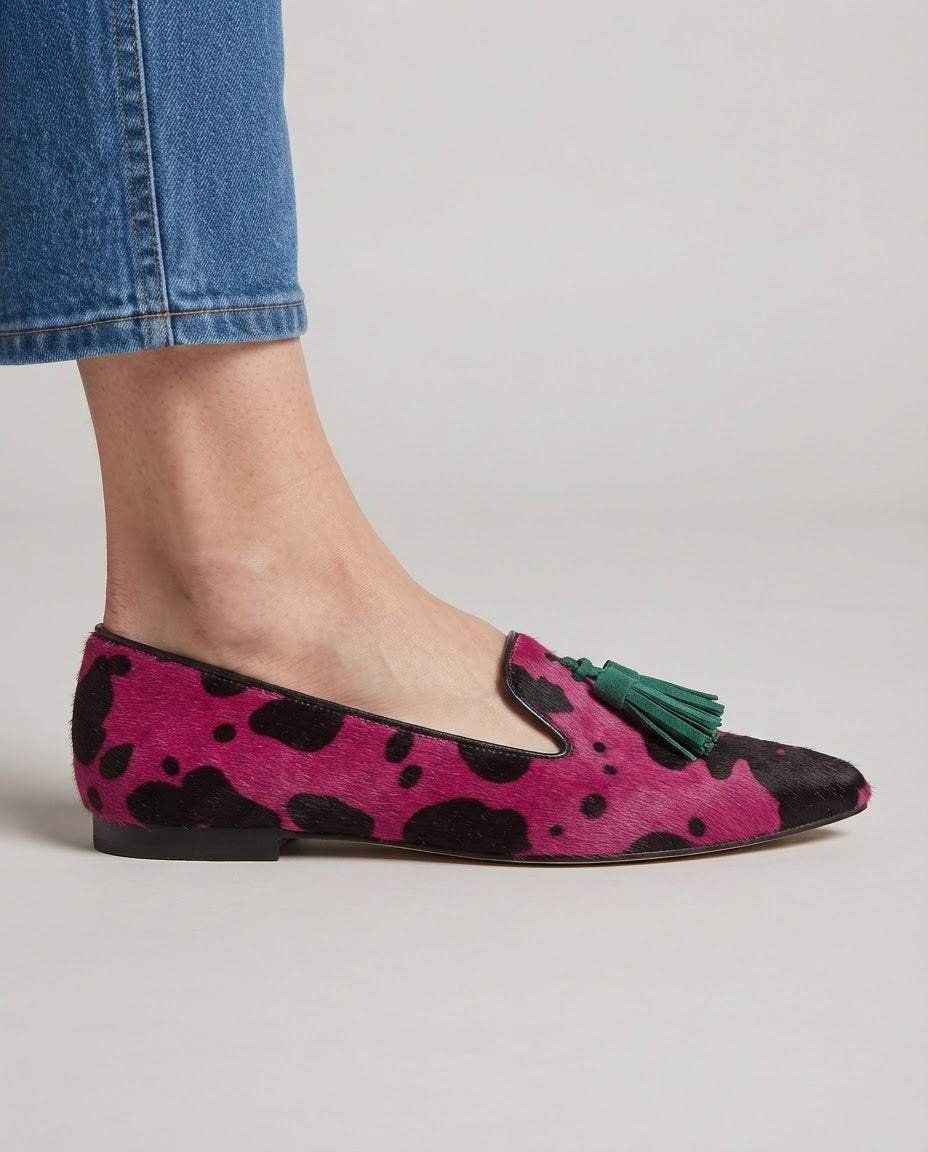 Elettra — Fuchsia Cow-Print Moccasins with Green Tassels
