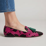Elettra — Fuchsia Cow-Print Moccasins with Green Tassels