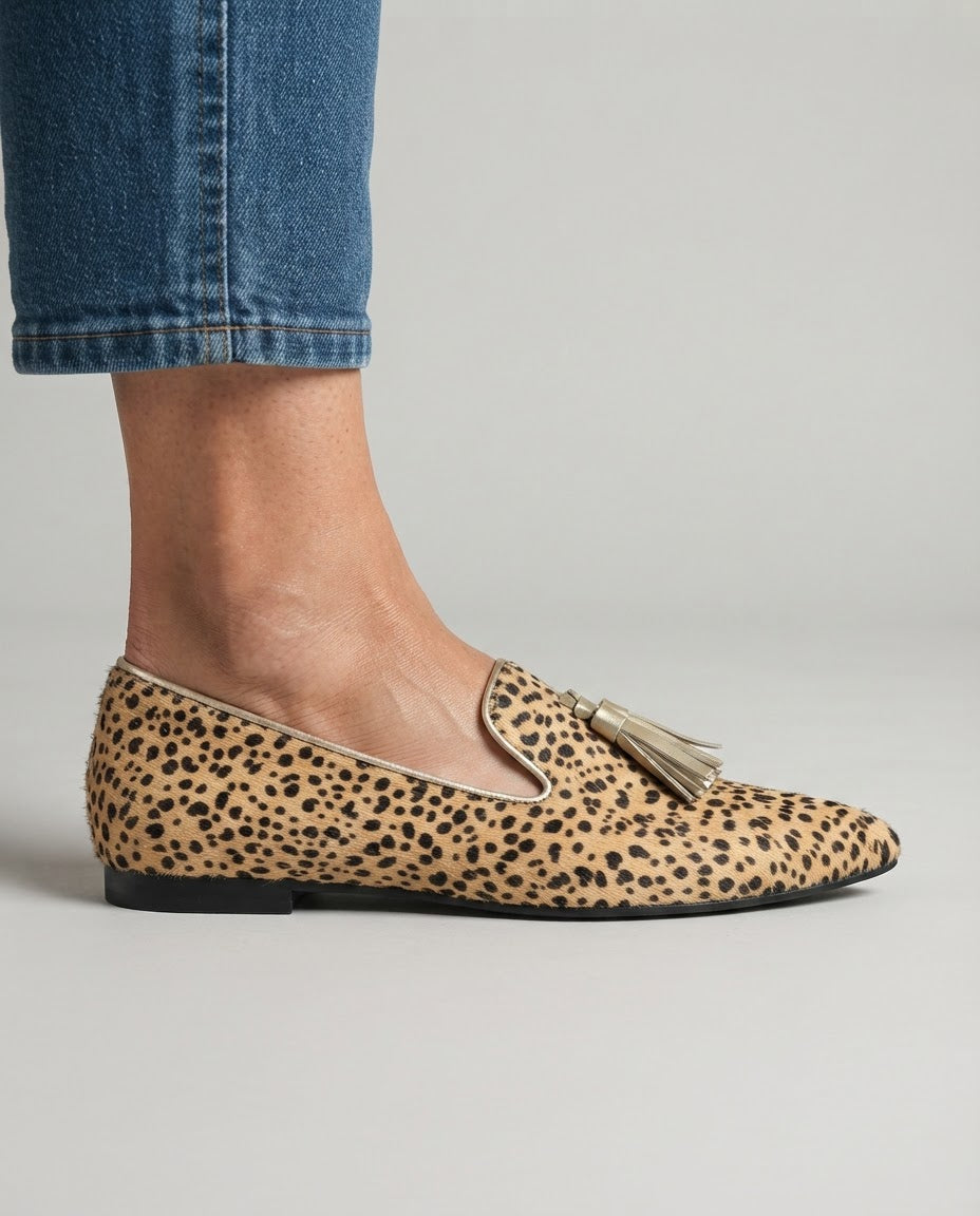 Alda — Cheetah-Print Pointed Moccasins with Gold Tassels