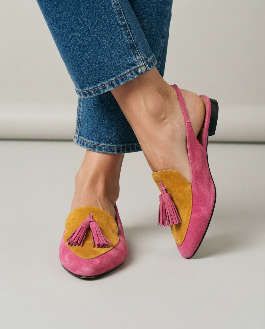 Cinzia — Pointed Slingback Flats in Fuchsia and Mustard