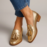 Iolanda — Gold Tassel Loafers with Block Heel