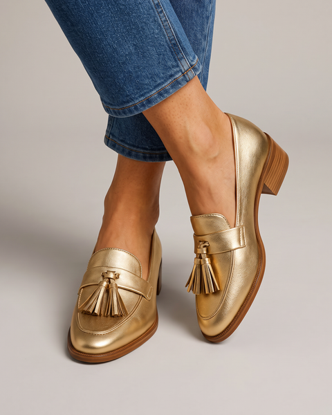 Iolanda — Gold Tassel Loafers with Block Heel